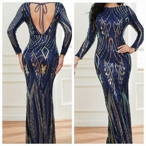 Navy Contrast Sequined Maxi Gown for Special Events